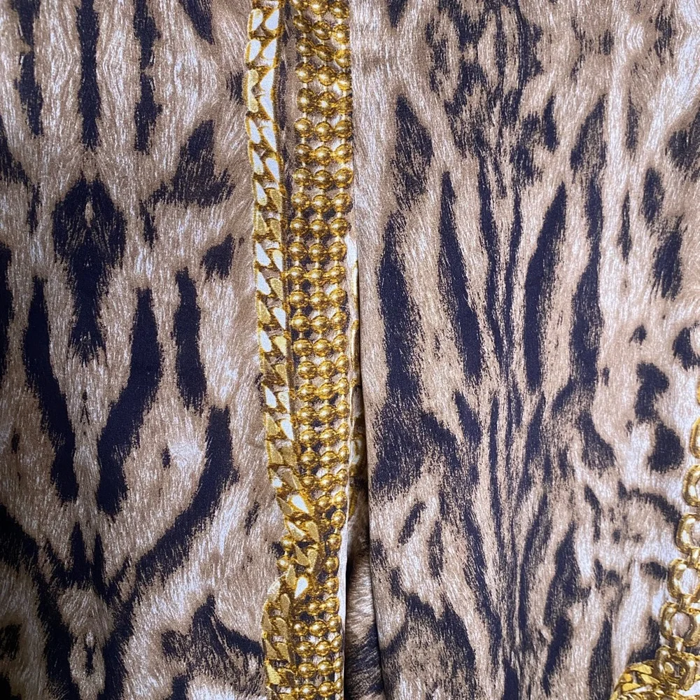 Roberto Cavalli Leopard and Gold Chains Flared Leg Silk Stretch Pants - Picture 7 of 13